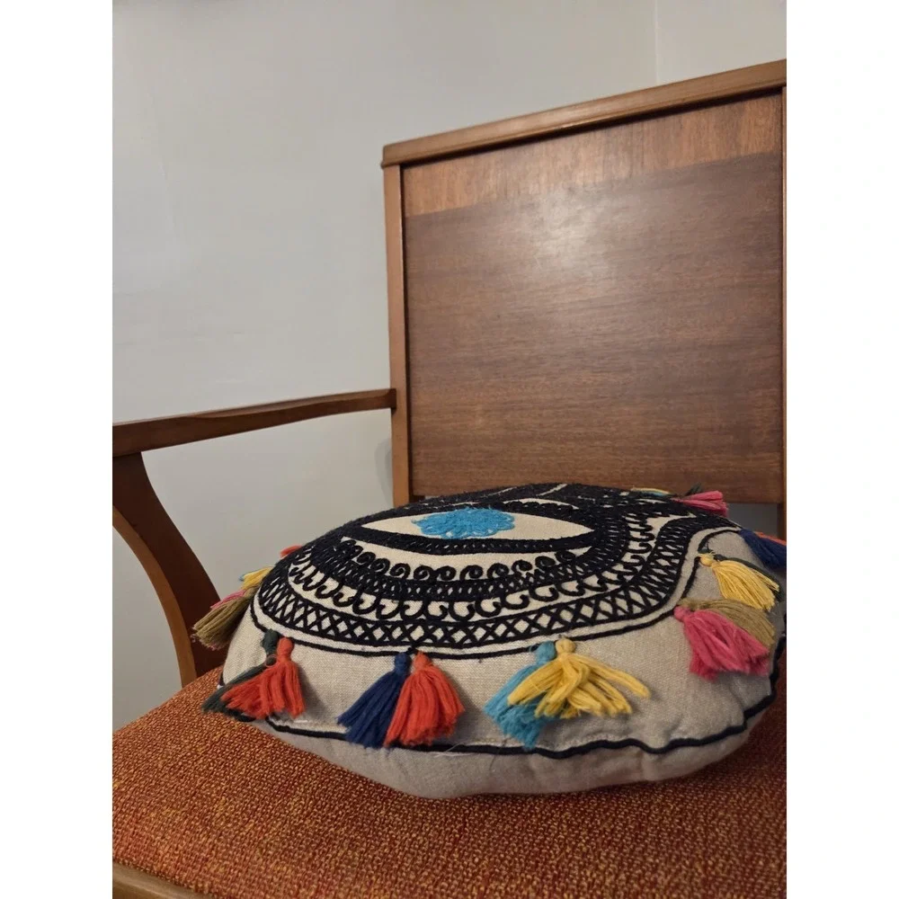 Hamsa‎ Open Palm Decorative Throw Pillow Boho Spiritual Embroidered Tassels
